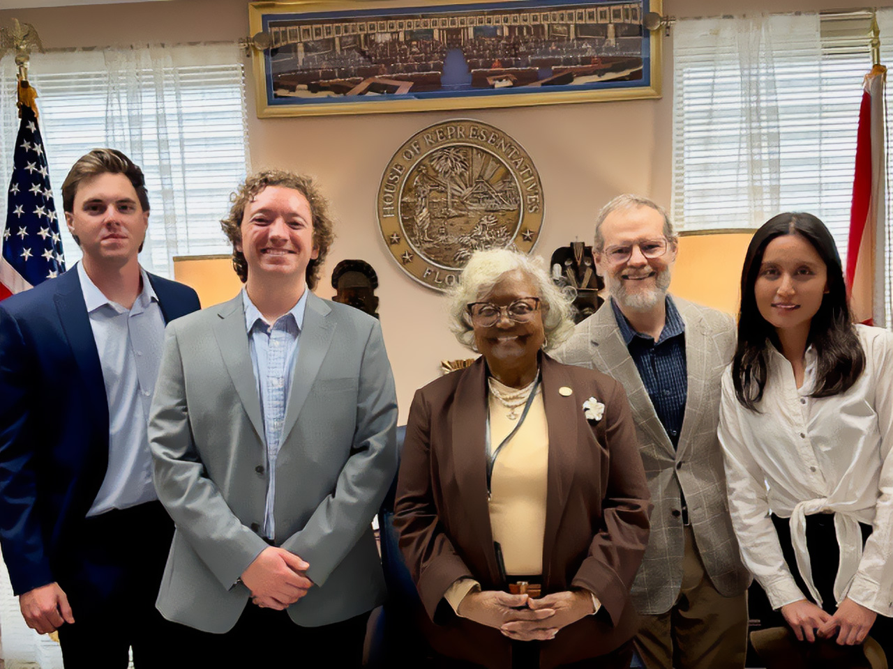 Pictured from left to right: Nathan Cochran, Emmanuel Stamatogiannakis, Representative Yvonne Hinson, Professor Thomas Hawkins, and Rina Ma.