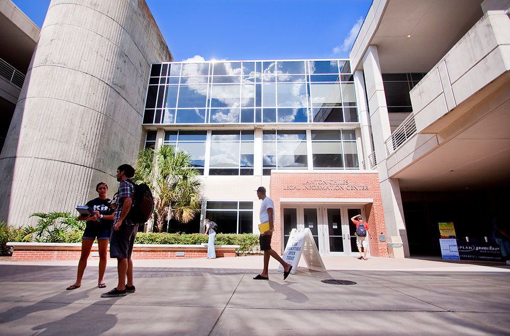 Students in the courtyard outside the Legal Information Center
