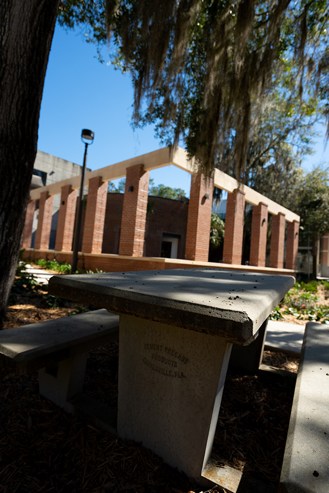 Outdoor concrete bench on campus