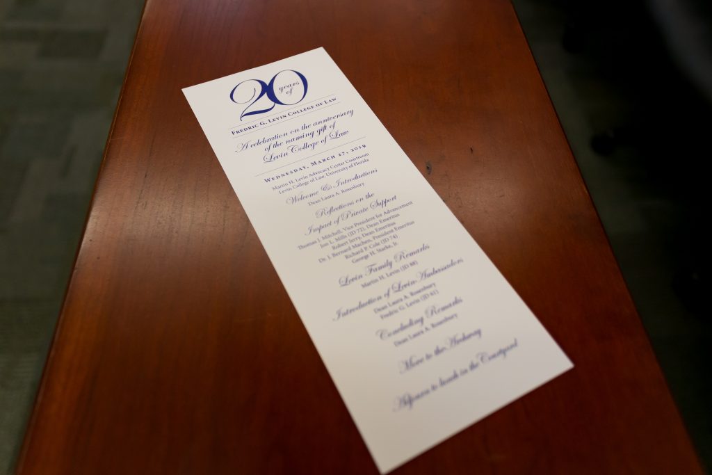 Images from the 20 Years of Fredric G. Levin College of Law on Wednesday, March 27, 2019 at Martin H. Levin Advocacy Center at the University of Florida in Gainesville, FL. Photo by Matt Pendleton/Matt Pendleton Photography for UF College of Law