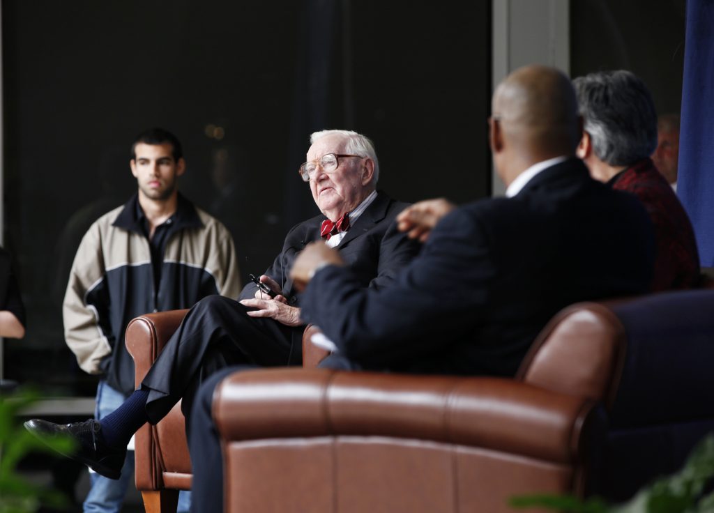 Supreme Court Justice John Paul Stevens speaks with UF Law professors Kenneth Nunn, John Stinneford and Danaya Wright during the Marshall M. Criser Distinguished Lecture Series held in the Marcia Whitney Schott Courtyard on Tuesday, Feb. 5, 2013. (photo by Elise Giordano)