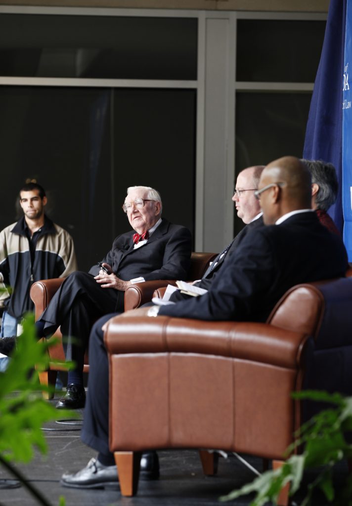 Supreme Court Justice John Paul Stevens speaks with UF Law professors Kenneth Nunn, John Stinneford and Danaya Wright during the Marshall M. Criser Distinguished Lecture Series held in the Marcia Whitney Schott Courtyard on Tuesday, Feb. 5, 2013. (photo by Elise Giordano)