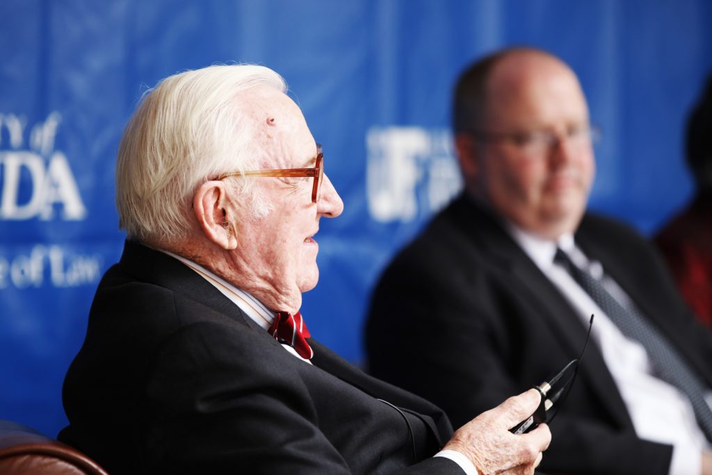 Supreme Court Justice John Paul Stevens speaks with UF Law professors Kenneth Nunn, John Stinneford and Danaya Wright during the Marshall M. Criser Distinguished Lecture Series held in the Marcia Whitney Schott Courtyard on Tuesday, Feb. 5, 2013. (photo by Elise Giordano)