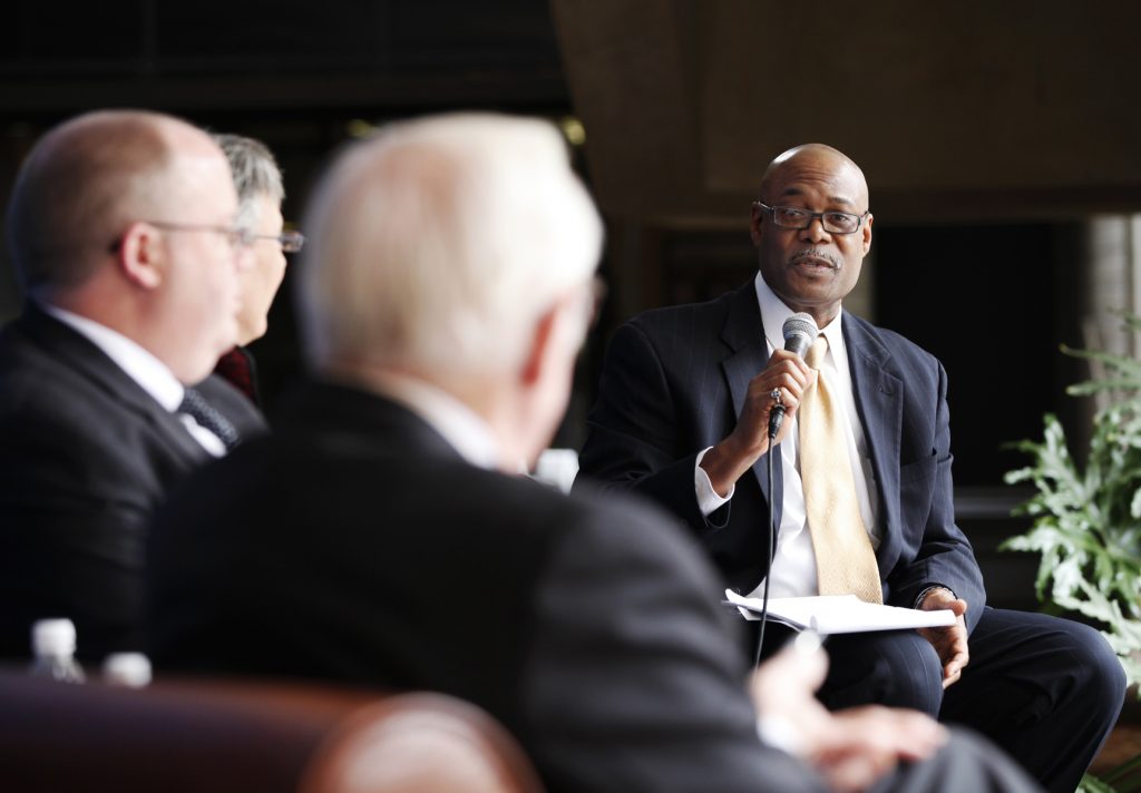 UF Law professor Kenneth Nunn speaks to Supreme Court Justice John Paul Stevens during the Marshall M. Criser Distinguished Lecture Series held in the Marcia Whitney Schott Courtyard on Tuesday, Feb. 5, 2013. (photo by Elise Giordano)
