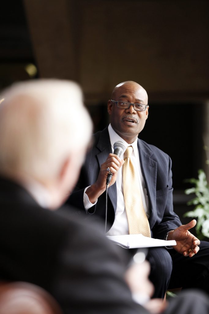 UF Law professor Kenneth Nunn speaks to Supreme Court Justice John Paul Stevens during the Marshall M. Criser Distinguished Lecture Series held in the Marcia Whitney Schott Courtyard on Tuesday, Feb. 5, 2013. (photo by Elise Giordano)