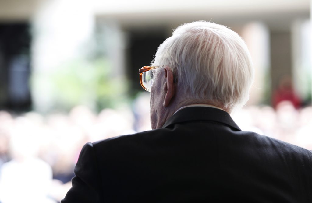 Supreme Court Justice John Paul Stevens speaks with UF Law professors Kenneth Nunn, John Stinneford and Danaya Wright during the Marshall M. Criser Distinguished Lecture Series held in the Marcia Whitney Schott Courtyard on Tuesday, Feb. 5, 2013. (photo by Elise Giordano)