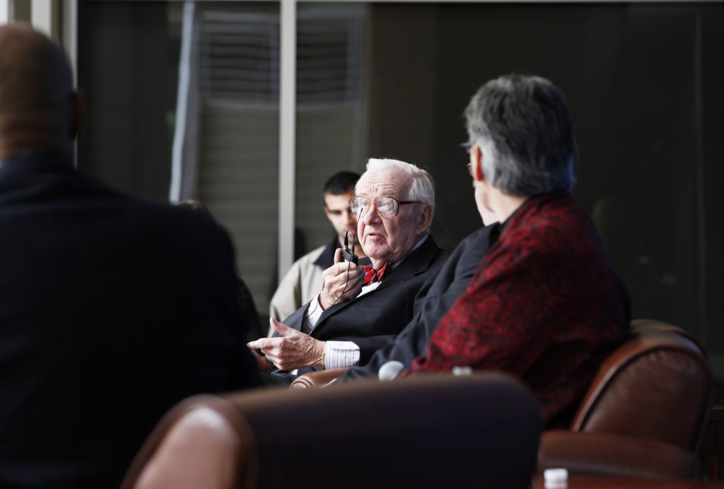 Supreme Court Justice John Paul Stevens speaks with UF Law professors Kenneth Nunn, John Stinneford and Danaya Wright during the Marshall M. Criser Distinguished Lecture Series held in the Marcia Whitney Schott Courtyard on Tuesday, Feb. 5, 2013. (photo by Elise Giordano)