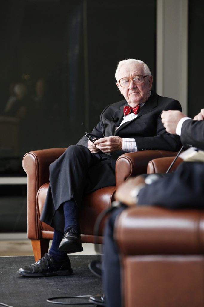 Supreme Court Justice John Paul Stevens speaks with UF Law professors Kenneth Nunn, John Stinneford and Danaya Wright during the Marshall M. Criser Distinguished Lecture Series held in the Marcia Whitney Schott Courtyard on Tuesday, Feb. 5, 2013. (photo by Elise Giordano)