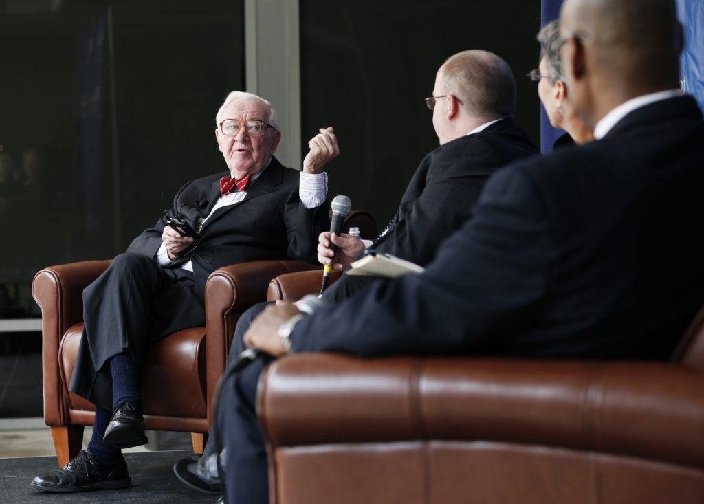 Supreme Court Justice John Paul Stevens speaks with UF Law professors Kenneth Nunn, John Stinneford and Danaya Wright during the Marshall M. Criser Distinguished Lecture Series held in the Marcia Whitney Schott Courtyard on Tuesday, Feb. 5, 2013. (photo by Elise Giordano)