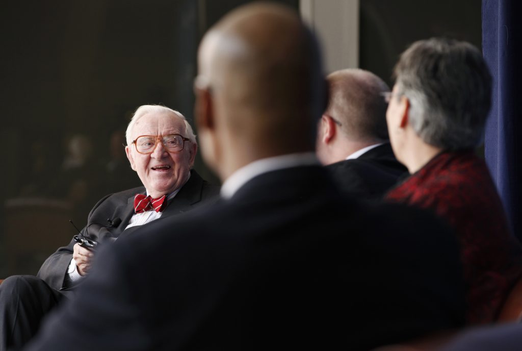 Supreme Court Justice John Paul Stevens speaks with UF Law professors Kenneth Nunn, John Stinneford and Danaya Wright during the Marshall M. Criser Distinguished Lecture Series held in the Marcia Whitney Schott Courtyard on Tuesday, Feb. 5, 2013. (photo by Elise Giordano)