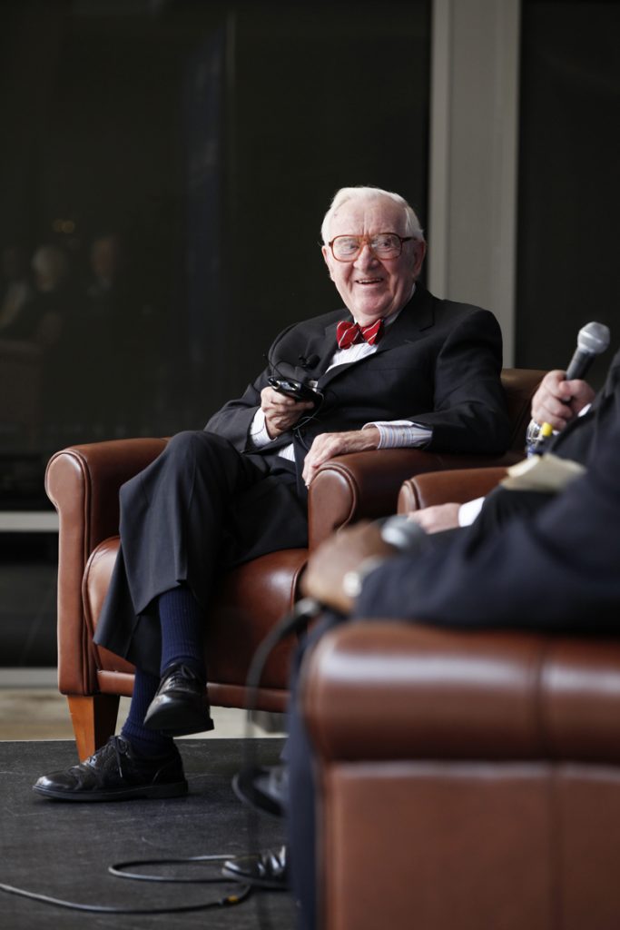 Supreme Court Justice John Paul Stevens speaks with UF Law professors Kenneth Nunn, John Stinneford and Danaya Wright during the Marshall M. Criser Distinguished Lecture Series held in the Marcia Whitney Schott Courtyard on Tuesday, Feb. 5, 2013. (photo by Elise Giordano)