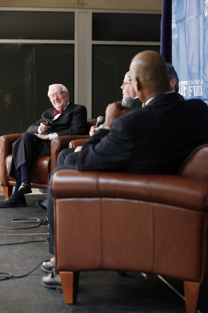 Supreme Court Justice John Paul Stevens speaks with UF Law professors Kenneth Nunn, John Stinneford and Danaya Wright during the Marshall M. Criser Distinguished Lecture Series held in the Marcia Whitney Schott Courtyard on Tuesday, Feb. 5, 2013. (photo by Elise Giordano)