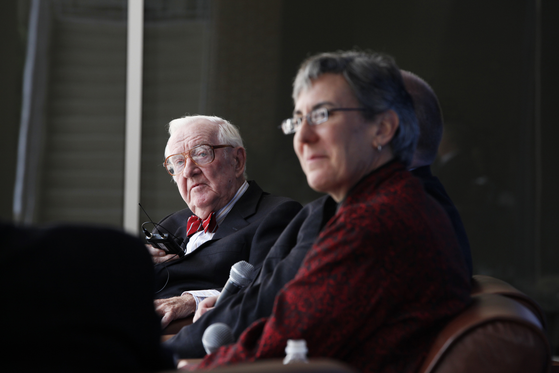 Supreme Court Justice John Paul Stevens speaks with UF Law professors Kenneth Nunn, John Stinneford and Danaya Wright during the Marshall M. Criser Distinguished Lecture Series held in the Marcia Whitney Schott Courtyard on Tuesday, Feb. 5, 2013. (photo by Elise Giordano)