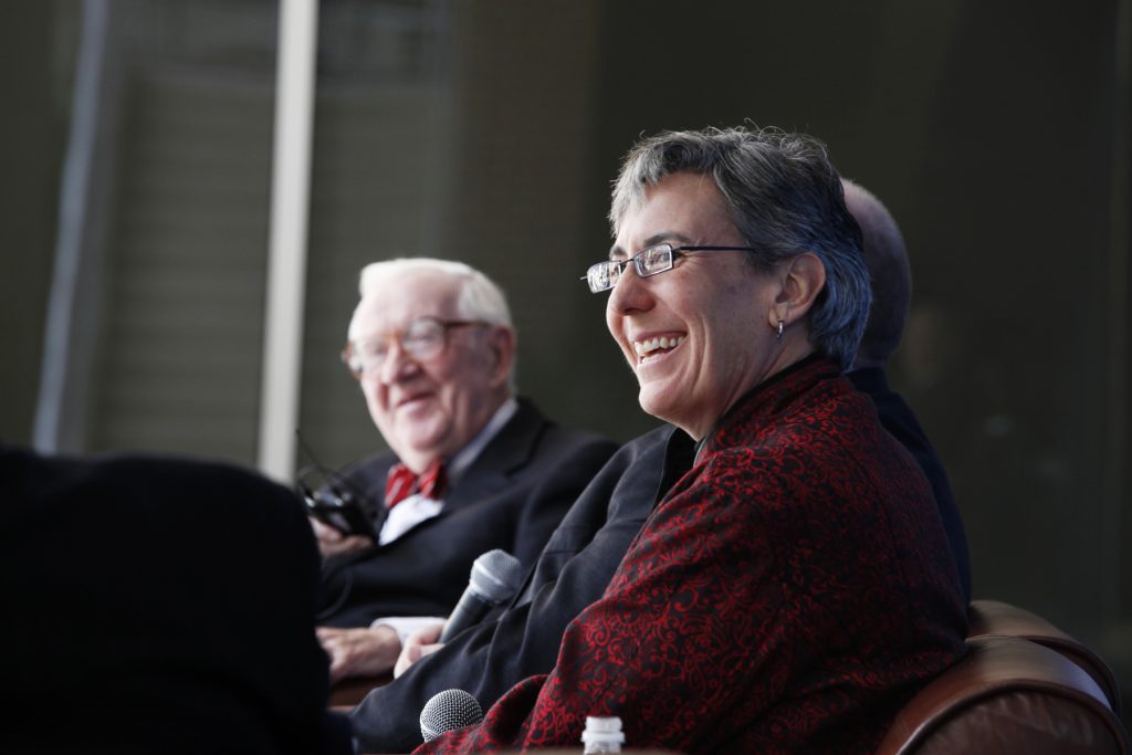 UF Law professor Danaya Wright, along with UF Law professors Kenneth Nunn and John Stinneford,speak with Supreme Court Justice John Paul Stevens, during the Marshall M. Criser Distinguished Lecture Series held in the Marcia Whitney Schott Courtyard on Tuesday, Feb. 5, 2013. (photo by Elise Giordano)