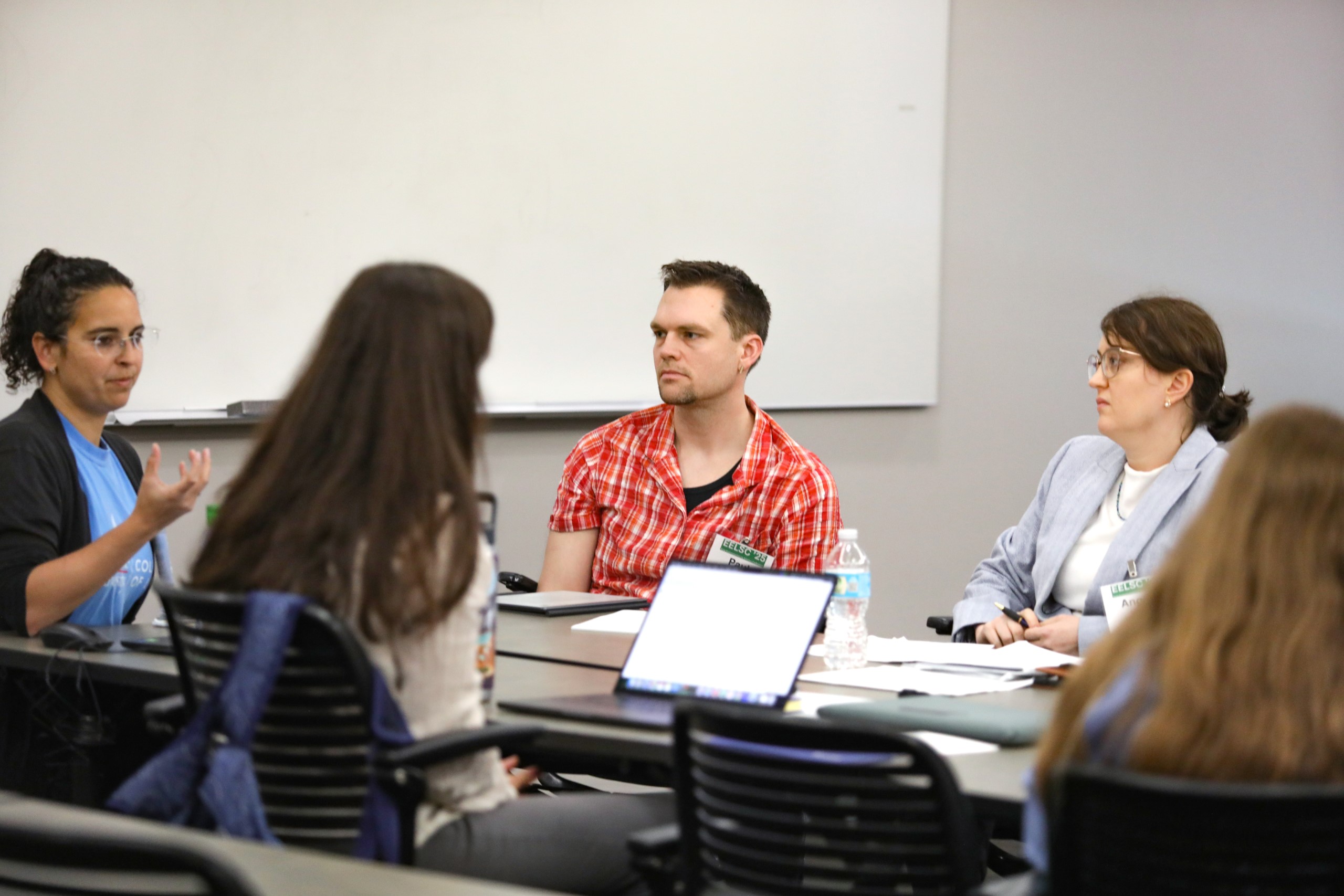 Attendees of the Junior Law Conference at UF Law share ideas and listen during three small-group panels on November 7 at UF Law's Martin Levin Advocacy Center courtrooms. The panels included the Environmental Rights panel with panelists Ethan Prall, Camila Bustos, Tony Derron, Amber Polk, and moderator Thomas Hawkins; the Climate Law panel with panelists Monica Iyer, Angela Hefti, Paul Rink, and moderator Sam Bookman; and the Water Law and Financial Incentives panel with panelists Valentina Wagner, Annie Brett, Adam Orford, and moderator Alex Erwin.