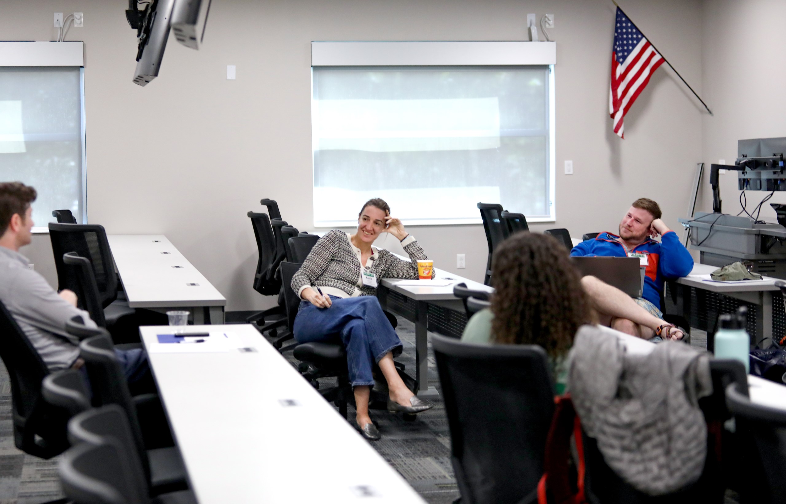 Attendees of the Junior Law Conference at UF Law share ideas and listen during three small-group panels on November 7 at UF Law's Martin Levin Advocacy Center courtrooms. The panels included the Environmental Rights panel with panelists Ethan Prall, Camila Bustos, Tony Derron, Amber Polk, and moderator Thomas Hawkins; the Climate Law panel with panelists Monica Iyer, Angela Hefti, Paul Rink, and moderator Sam Bookman; and the Water Law and Financial Incentives panel with panelists Valentina Wagner, Annie Brett, Adam Orford, and moderator Alex Erwin.