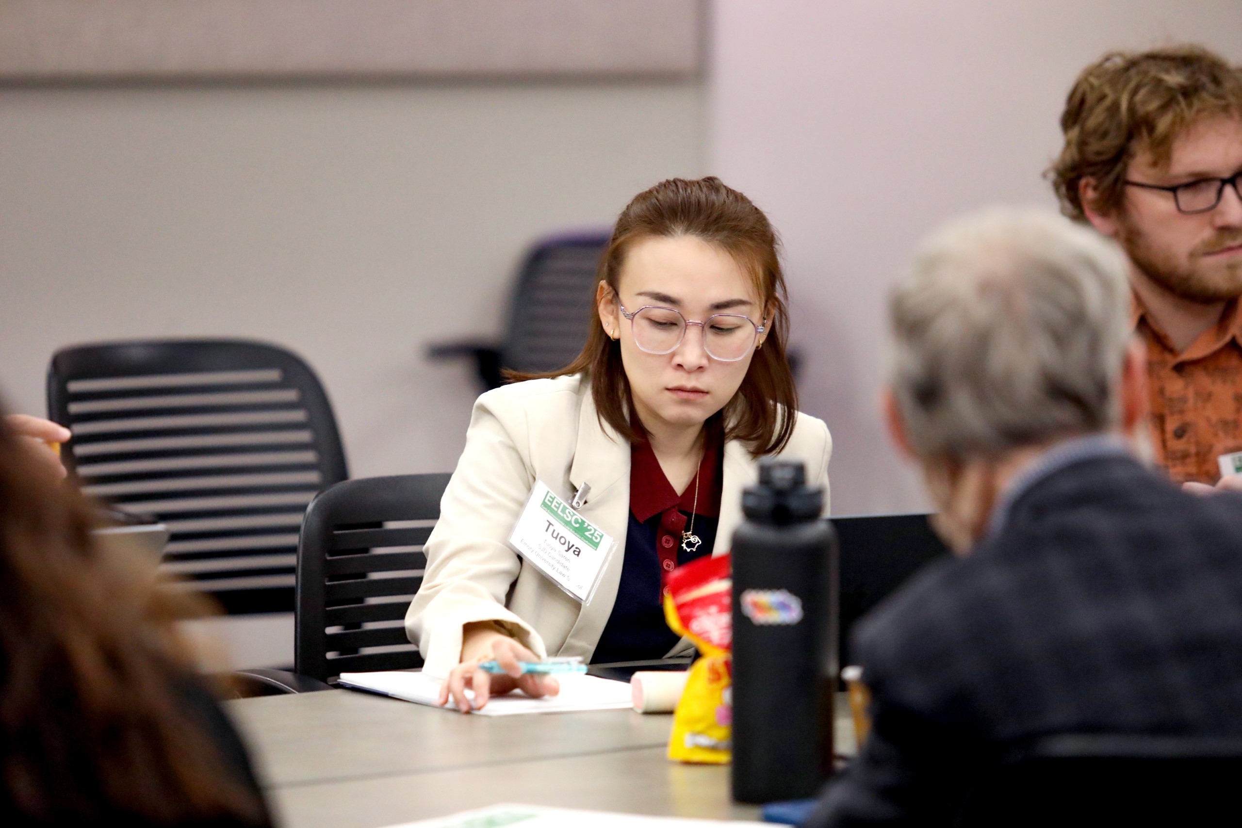 Attendees of the Junior Law Conference at UF Law share ideas and listen during three small-group panels on November 7 at UF Law's Martin Levin Advocacy Center courtrooms. The panels included the Environmental Rights panel with panelists Ethan Prall, Camila Bustos, Tony Derron, Amber Polk, and moderator Thomas Hawkins; the Climate Law panel with panelists Monica Iyer, Angela Hefti, Paul Rink, and moderator Sam Bookman; and the Water Law and Financial Incentives panel with panelists Valentina Wagner, Annie Brett, Adam Orford, and moderator Alex Erwin.