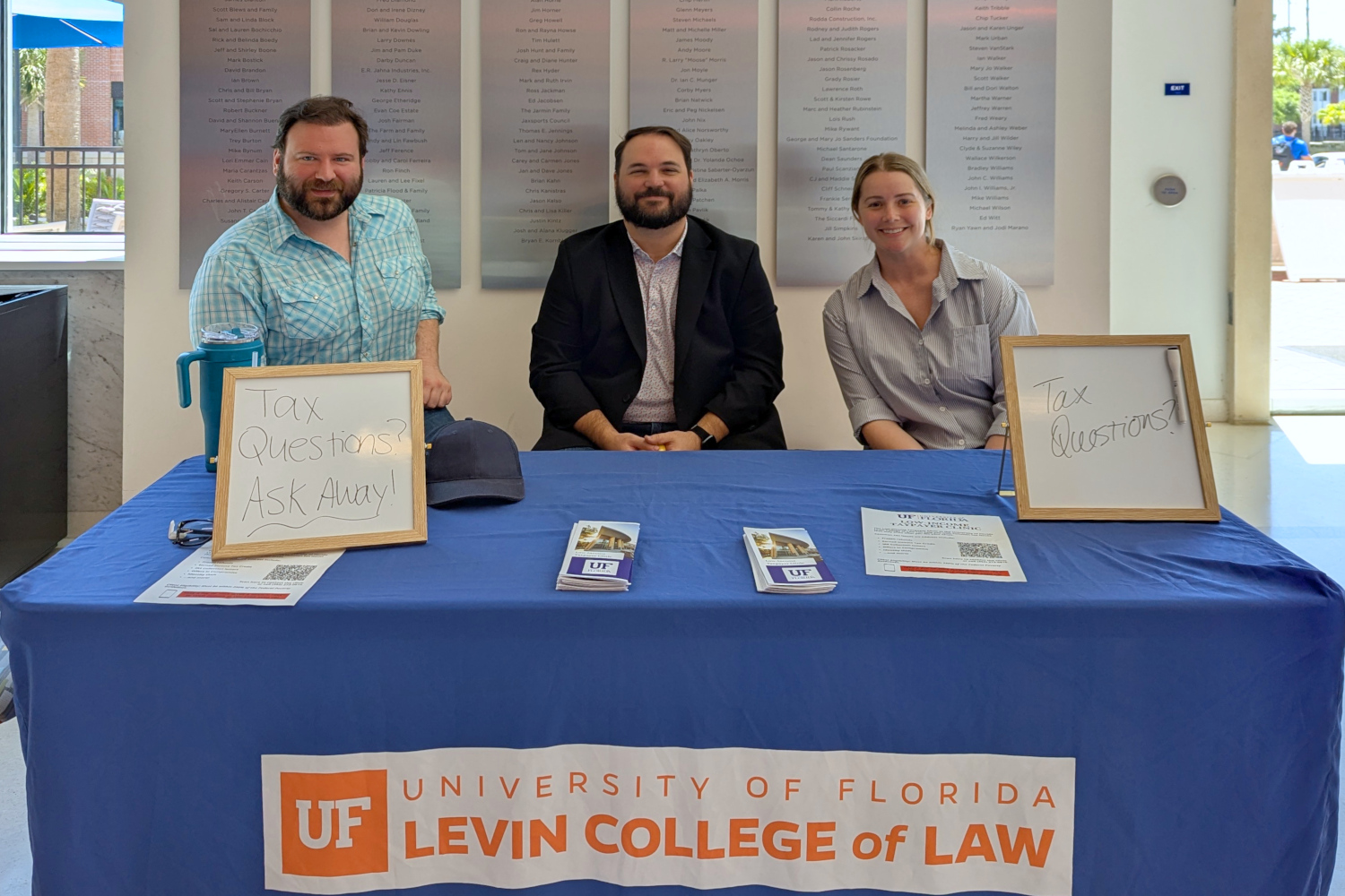 The Spring 2025 LITC tabled at the Heavener Training Center at UF to provide tax information to UF student athletes on their filing obligations and other issues pertaining to their income and NIL deals.
From left to right: John Lomicky, Steven Cutler, and Angela Silva (LITC Fellow-in-Practice).