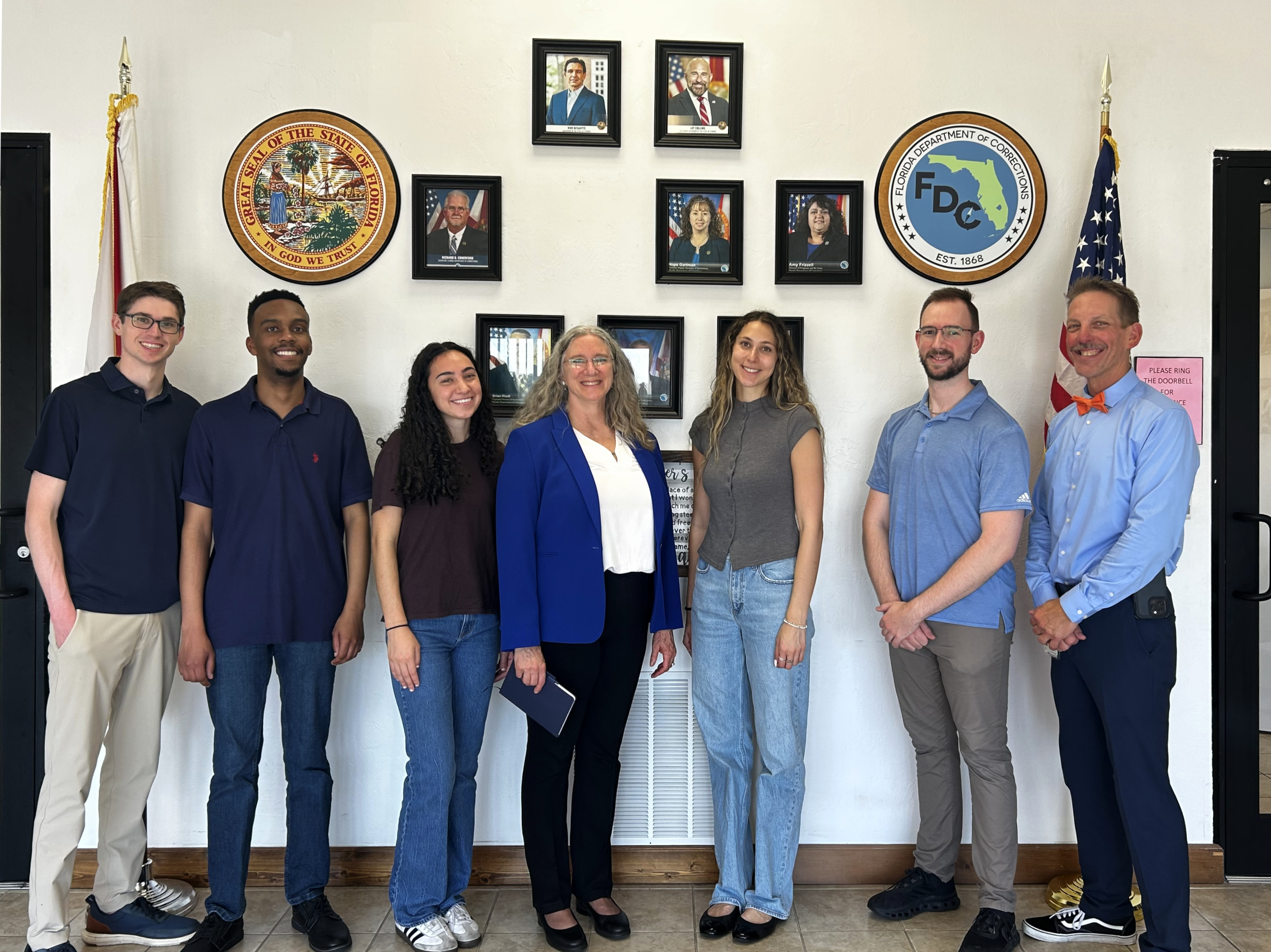 Professor Sarah Wolking tours the Marion Correctional Institution with students in the Fall 2026 Prosecution Clinic compressed course. Warden Paul Kish is pictured with Wolking and the students.