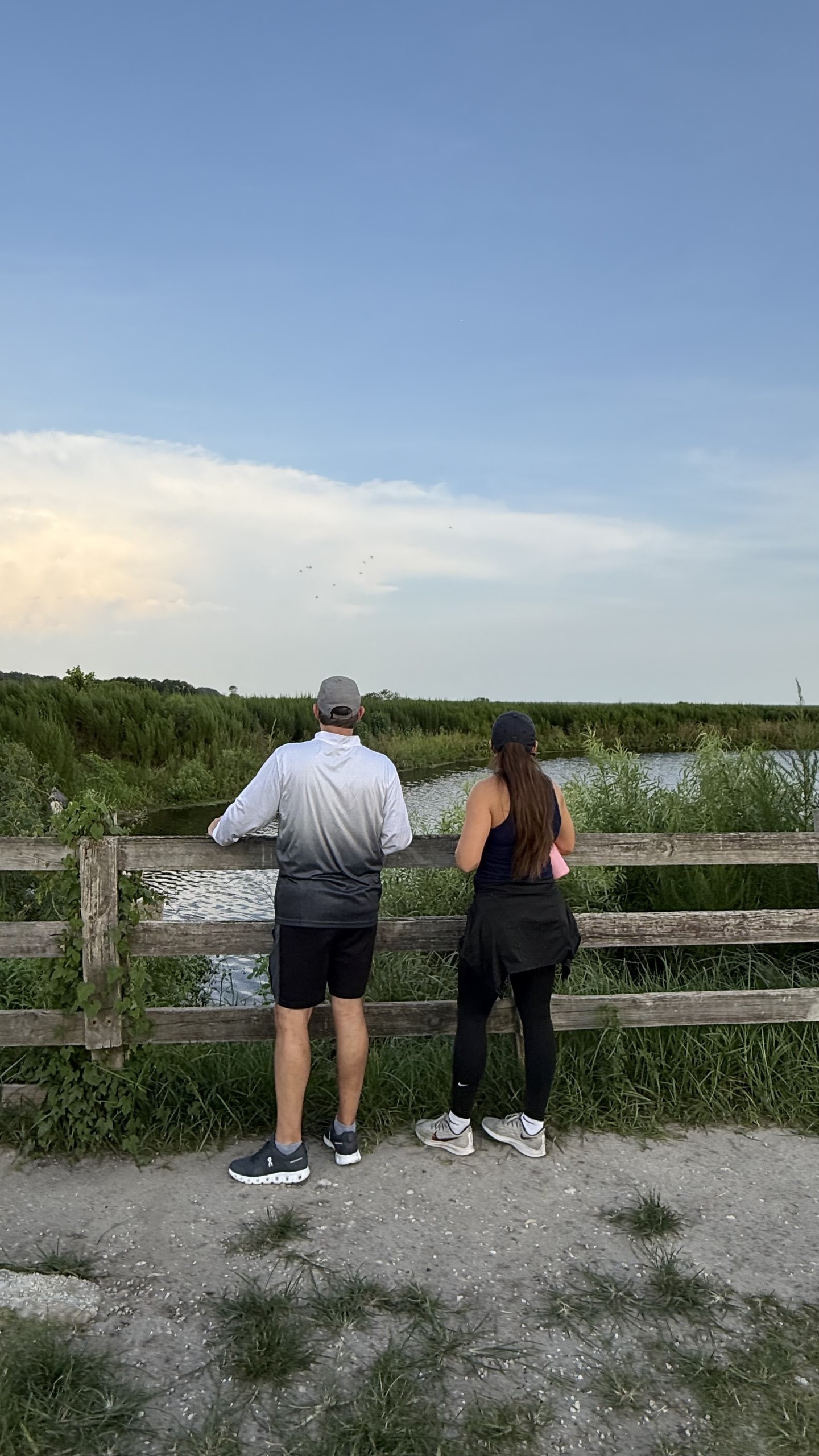 Two individuals stand by a wooden fence, facing a calm body of water surrounded by greenery. The sky is clear with a few clouds.